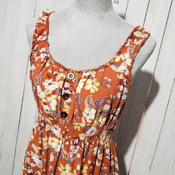 Lapis Dress L Orange Floral Sleeveless Cottage Prairie Tomato Bloom Earthy Mod - Picture 2 of 6